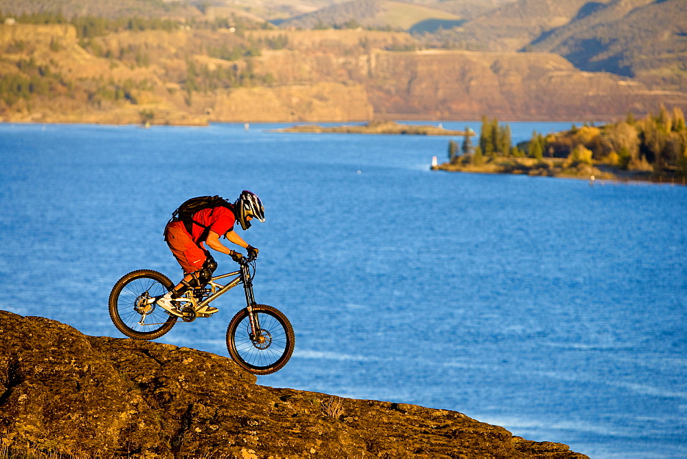 Dan Gavere does his best balancing act on the basalt rock east of Hood River, Oregon, United States of America