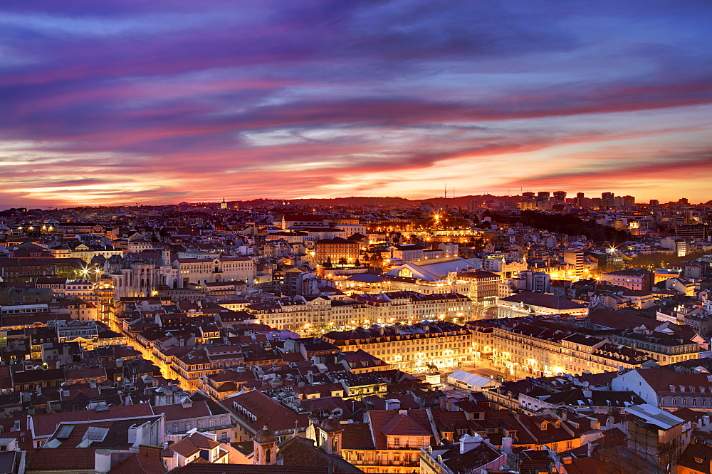 Vista over Lisbon's downtown and many of it's iconic monuments (Carmo convent, Praca da Figueira, Rossio), Lisbon, Portugal, 2009, Portugal