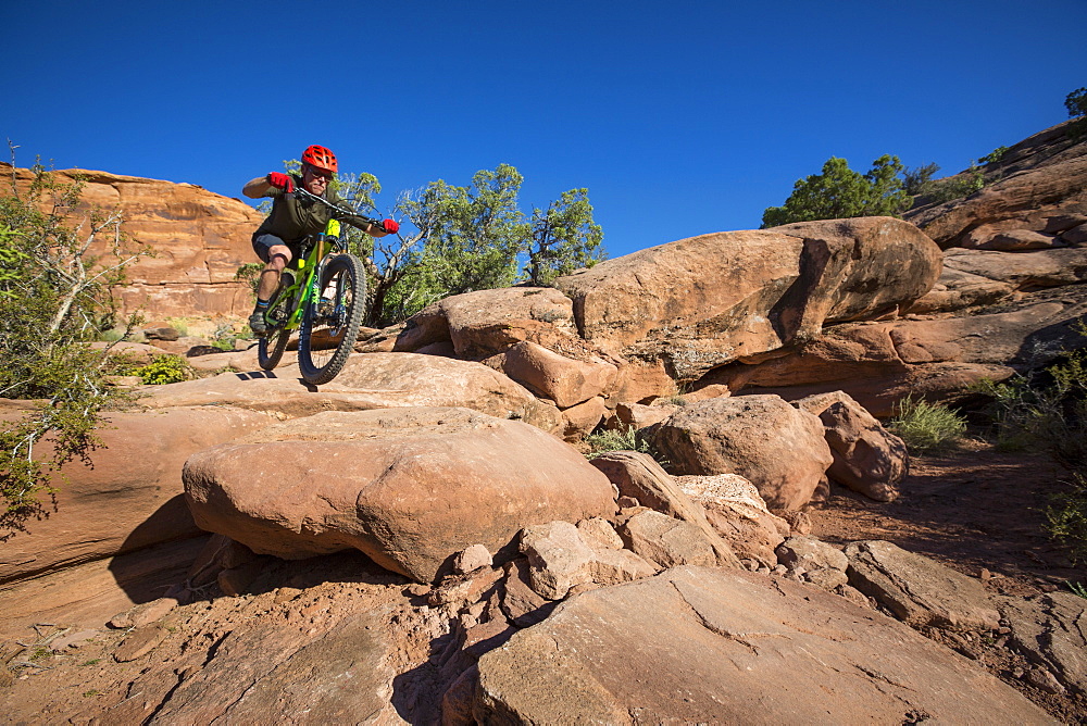 Man mountain biking on a trail in a desert environment.