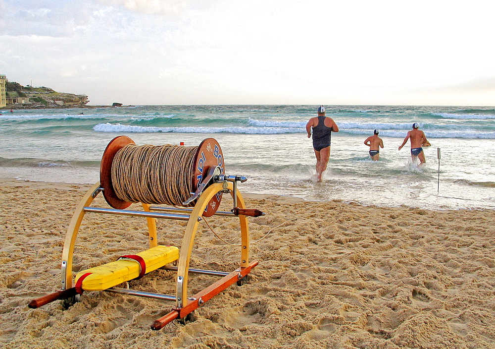 Surf life saving team in a training session at Bondi Beach in preparation of a surf carnival.