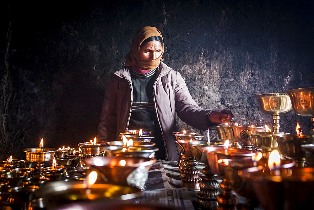 Butter lamps during Matho Nagrang festival in Matho monastery, Ladakh, India.