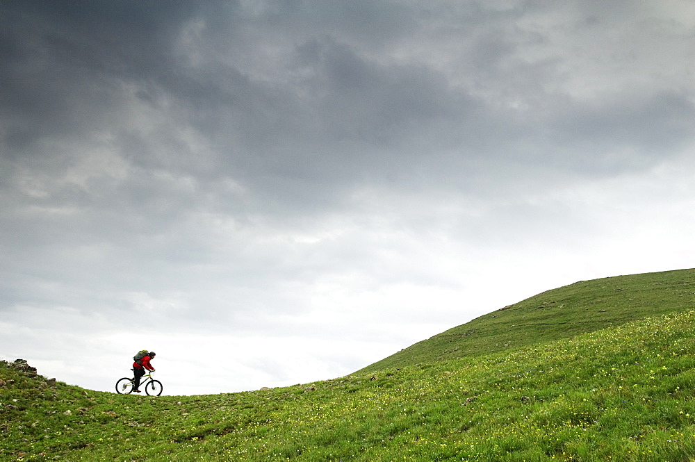 A man mountain biking across a green tundra scene in Colorado.