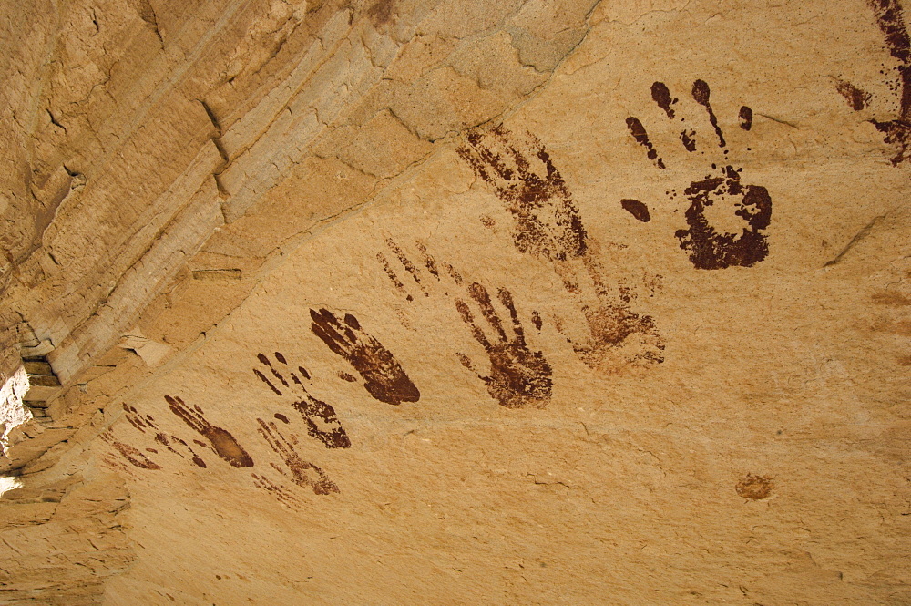 Pictographs of hand prints, made around 1000 AD by the Anasazi, ancestors to the Pueblo Indians of today, decorate a sandstone o