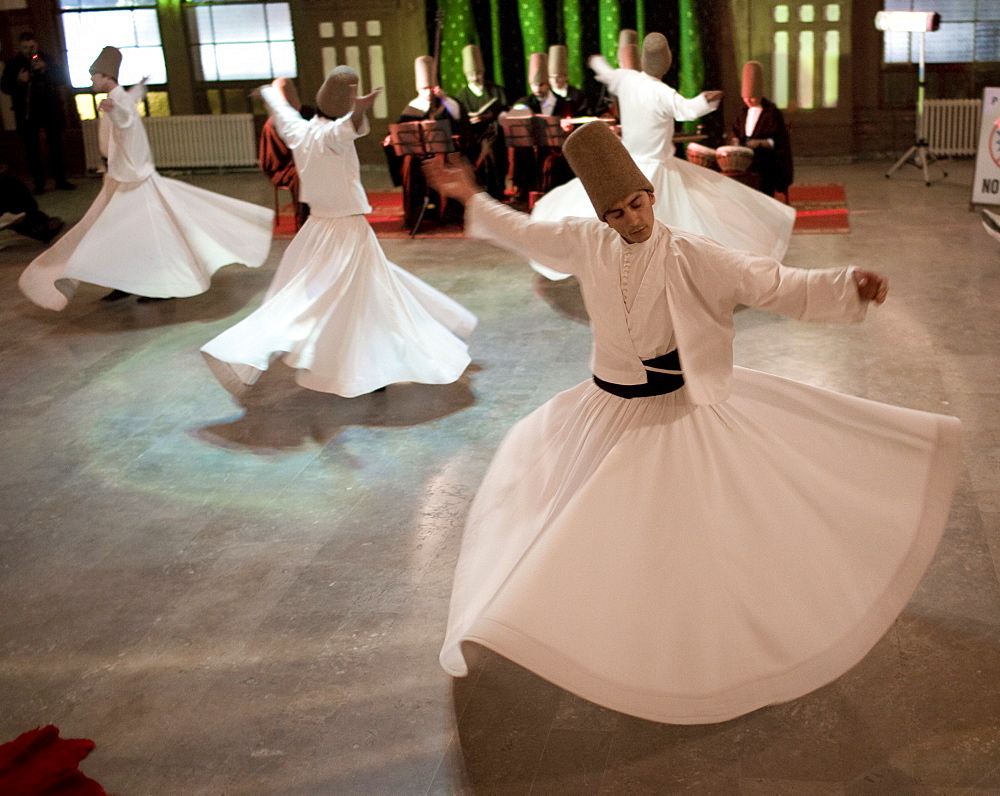 Whirling Dervishes perform traditional dance Istanbul, Turkey.