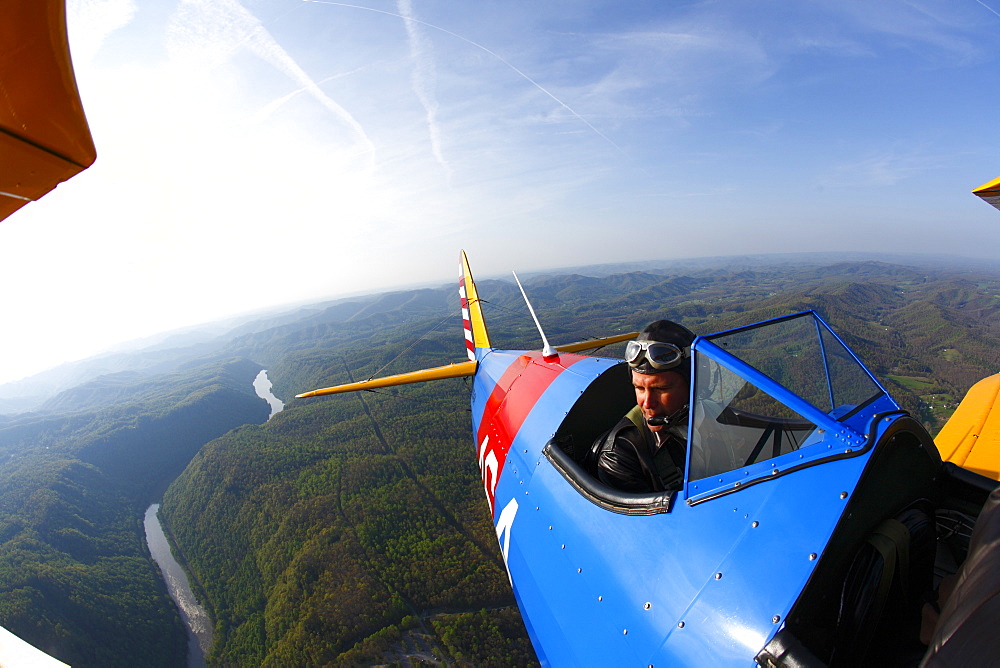 Wing-mounted remote camera view of 1941 Stearman biplane near Fayetteville, WV