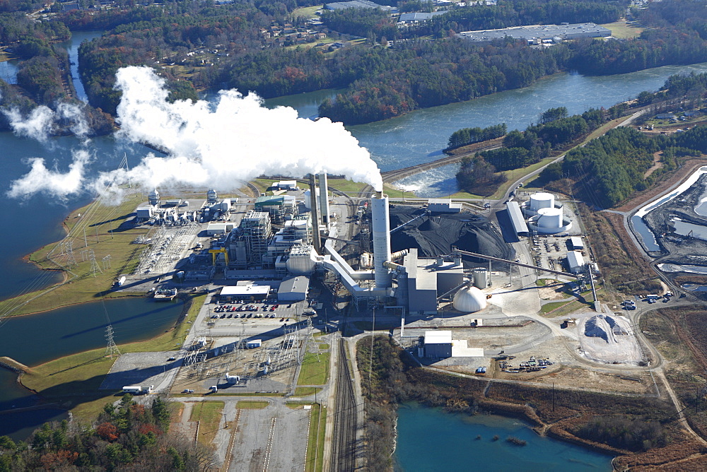 Aerial view of coal-fired power plant in Asheville, NC