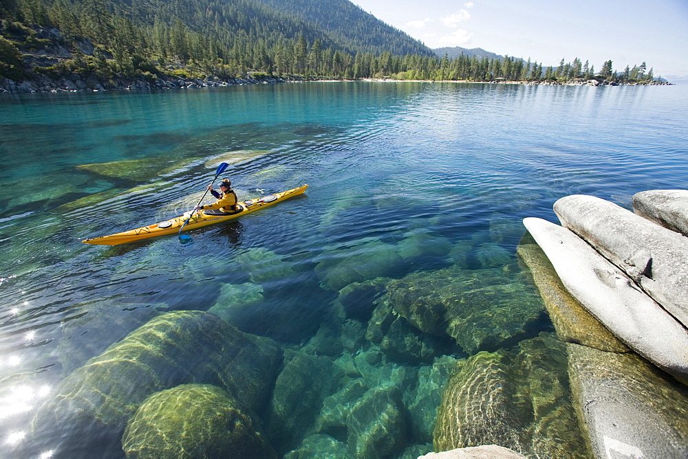 Kayaking near Sand Harbor on Lake Tahoe, Nevada, United States.