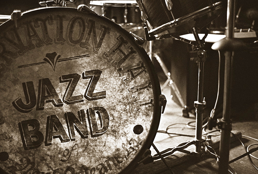 A base drums painted front for the Preservation Hall Jazz Band sits silent.