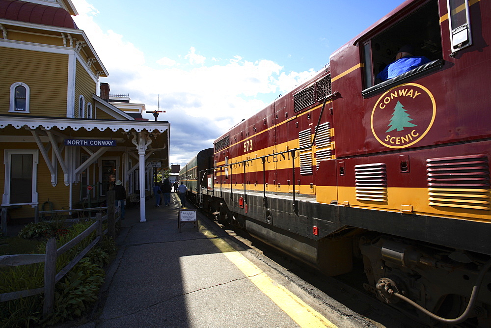 The North Conway Scenic railroad prepares to depart from the station in downtown North Conway, NH