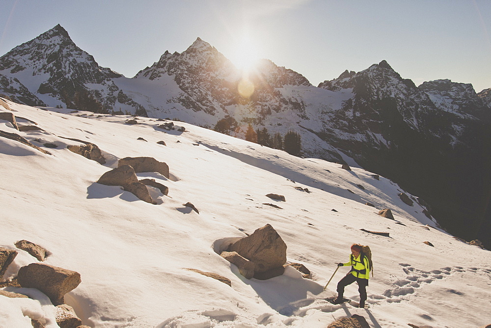 Snowshoeing on Canway Ridge with the Cheam Mountain Range in the background.