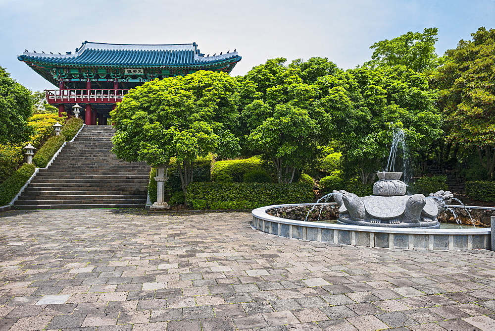 Temple at Cheonjeyeon falls on Jeju Island