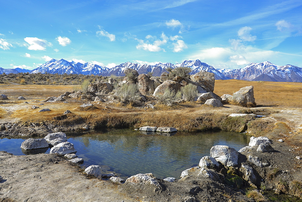 Wild Willy's Hot Springs waits to sooth sore bodies. Owens River Valley, with the Eastern SIerra Nevada on the horizon.