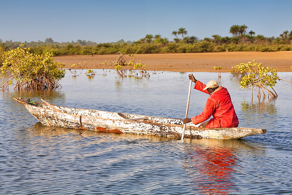 Fisherman in his dugout canoe on the river Casamance