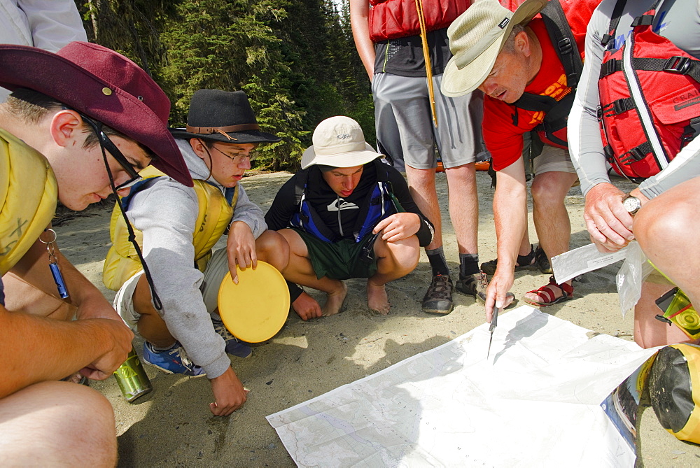 Boy Scouts canoeing on the Bowron Lakes circuit. Bowron Lakes Provincial Park. Quesnel, British Columbia