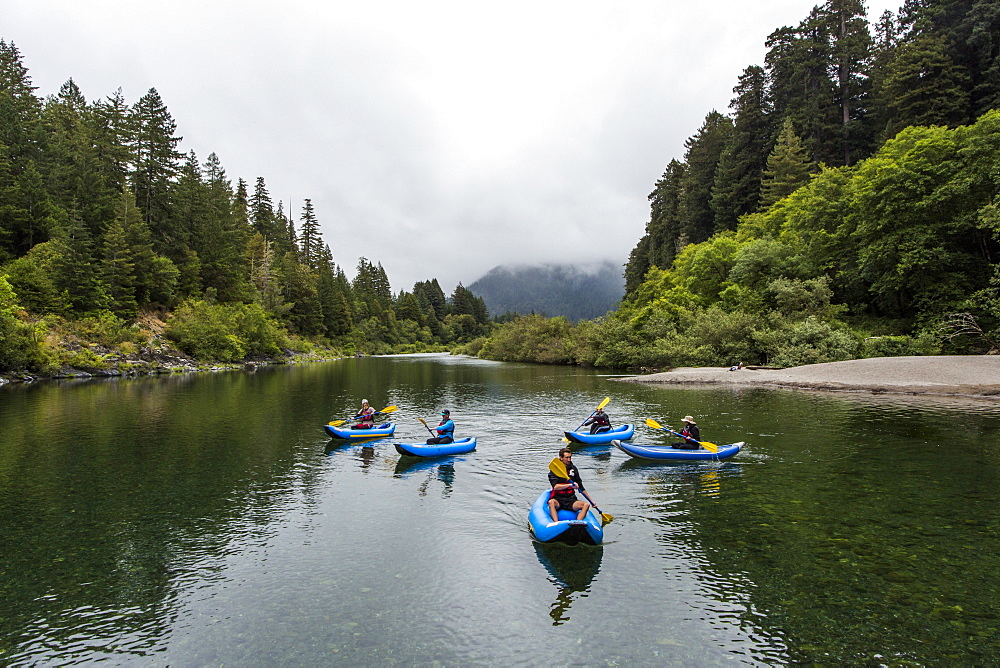 A Group Of Kayakers Enjoy The Smith River In Redwoods National Park