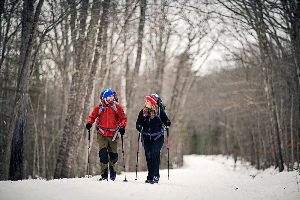 Two People Hiking In The Forest In Snow