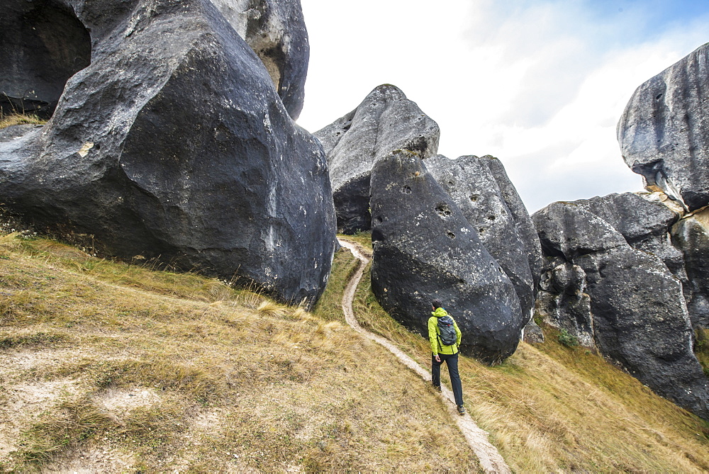 Man Hiking At Castle Hill Near Arthur's Pass Outside Of Christchurch, New Zealand