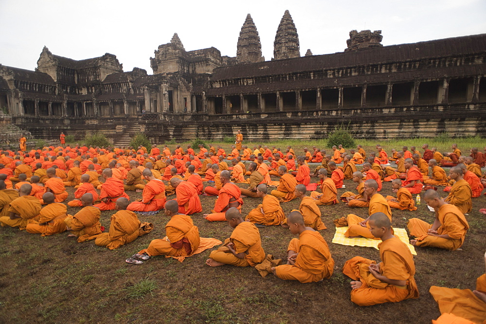 Large Group Of Buddhist Monks During The Celebration At The Angkor Wat Temple, Siem Reap, Cambodia