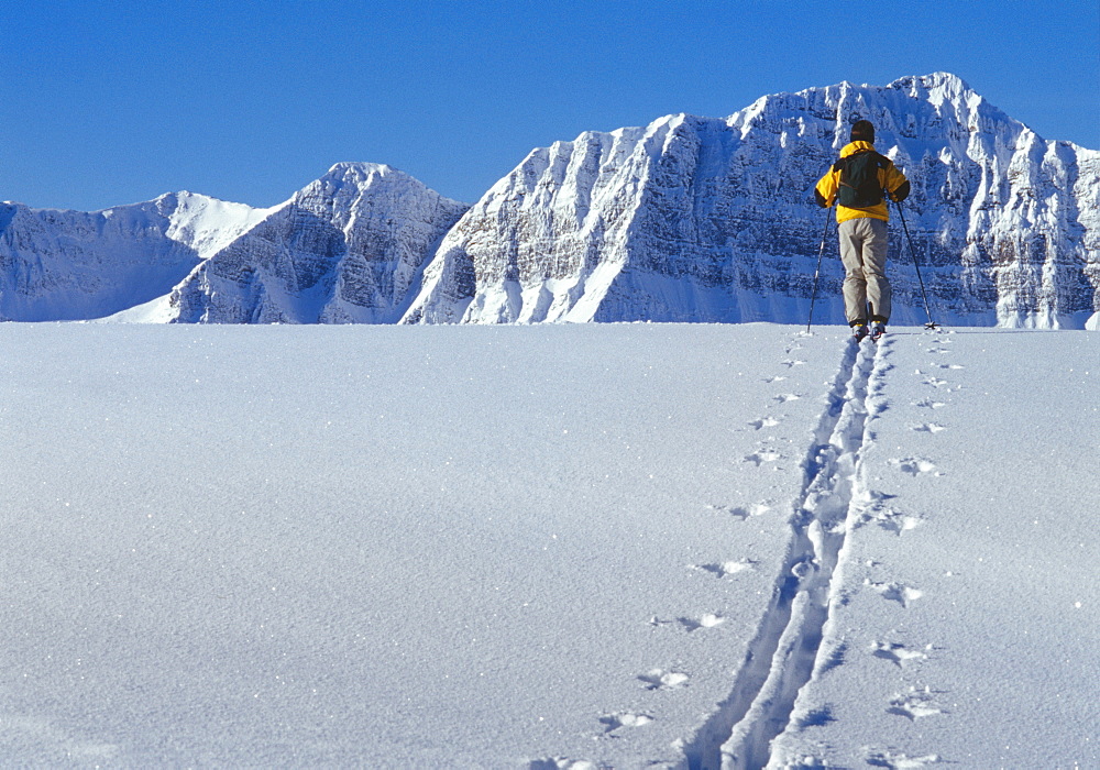 Skier walking through snow in mountains