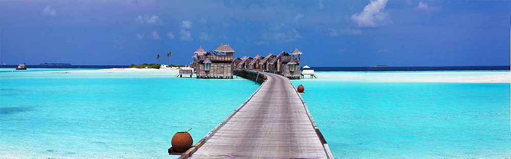 Panoramic view of stilt house villas at Gili Lankanfushi island