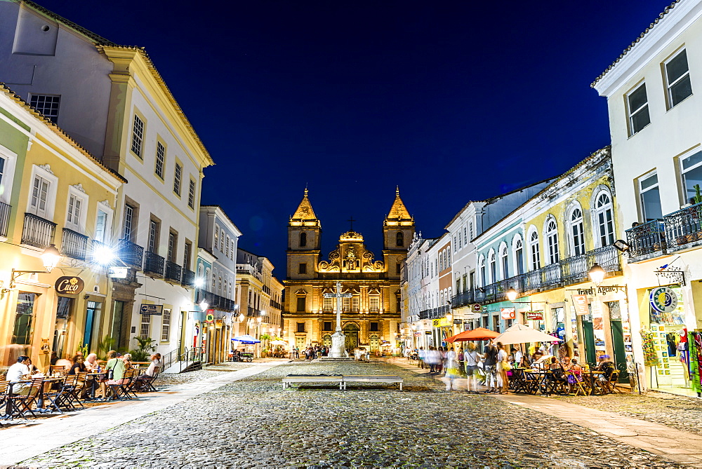 Pelourinho district at night in the old historic downtown of Salvador, Bahia, Brazil