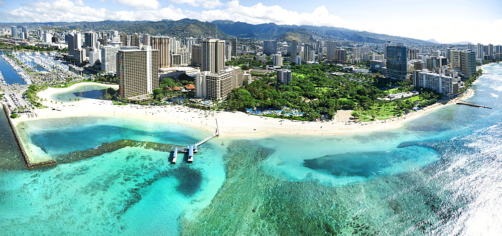 A Panoramic Helicopter View Of Waikiki's Beautiful Shoreline