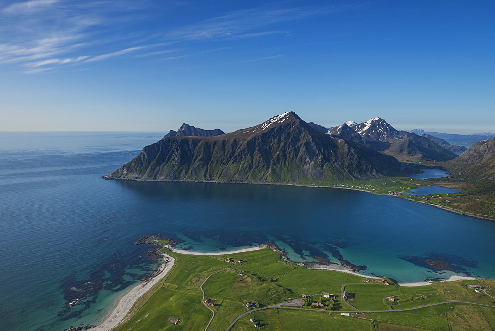 View over beaches and village of Flakstad from Flakstadtind mountain peak, Flakstadøy, Lofoten Islands, Norway