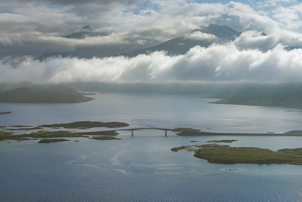 Cloudy sky over Fredvang bridge as seen from Nubben, Ramberg, Flakstadøy, Lofoten Islands, Norway