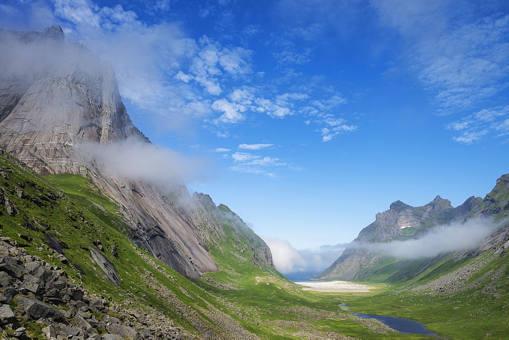 Summer view towards Horseid beach, Moskenesøy, Lofoten Islands, Norway