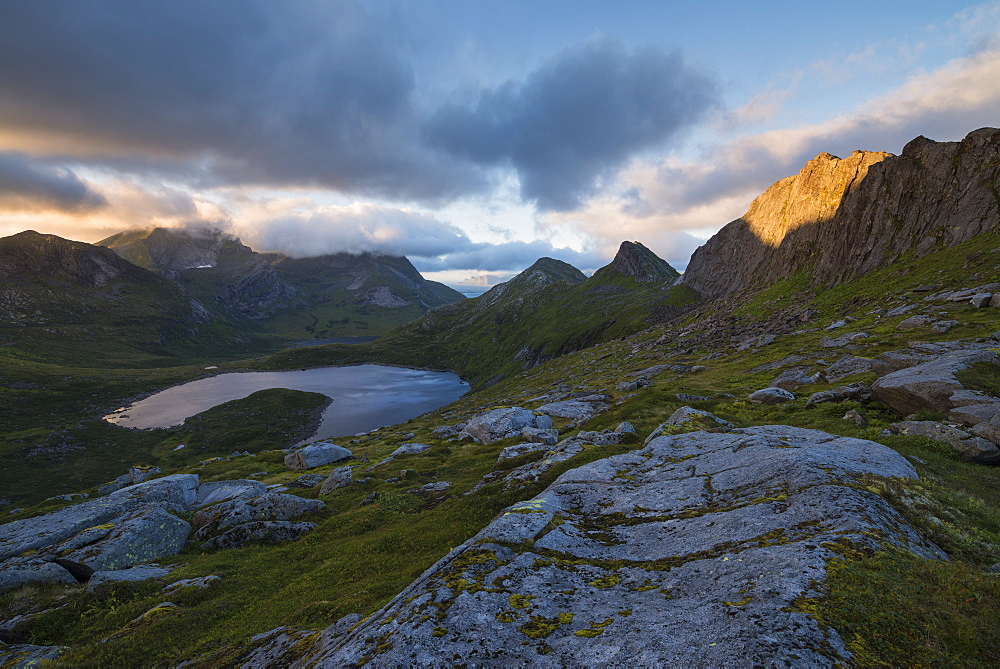 Last light illuminates peak 492 over Fagerådalen, Moskenesøy, Lofoten Islands, Norway