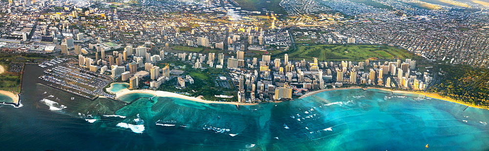 A view of Waikiki in Honolulu, from high up in a passenger plane.