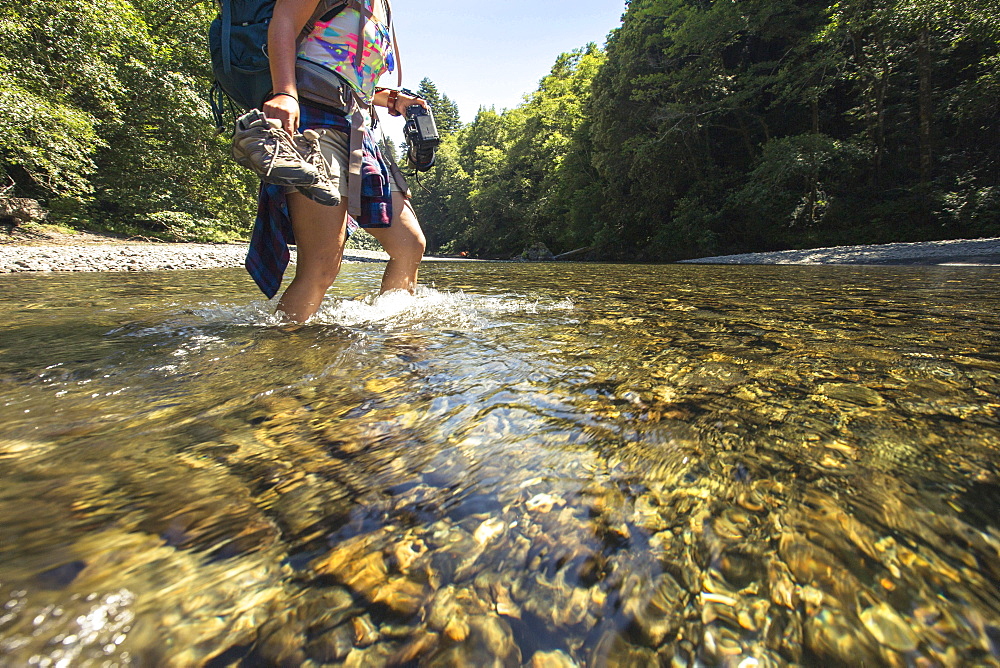 A female hiker holds her shoes and camera as she walks through a river.