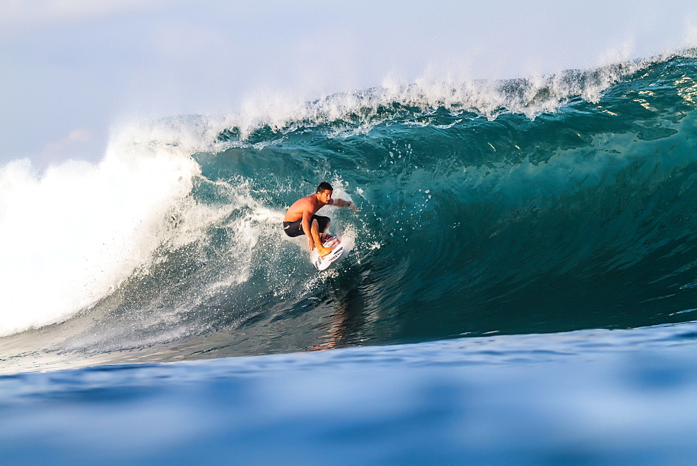 Surfer surfing on wave, Lakey Peak, Central Sumbawa, Indonesia