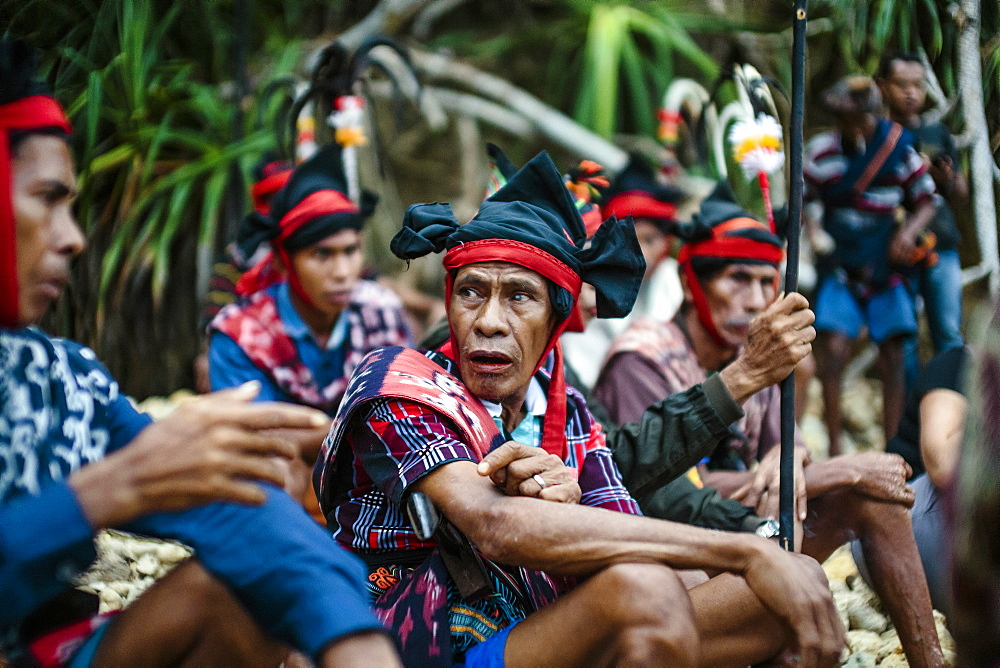 Men participating in ceremony before Pasola festival, Sumba Island, Indonesia