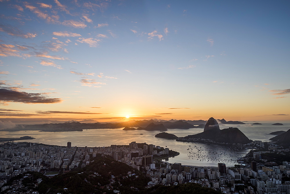 Rio de Janeiro city coastline and Sugar Loaf mountain at dawn seen from Mirante Dona Marta, Brazil