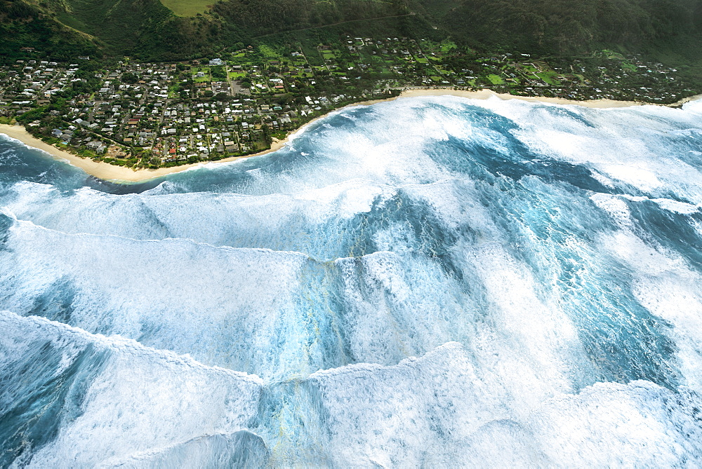 A helicopter overview of Sunset Beach during Condition Black.   (Condition Black is extremely rare and nobody is allowed to enter the ocean during this time).