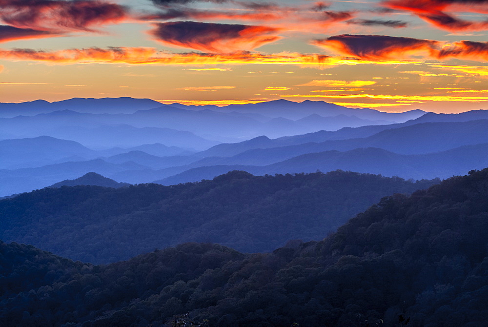 Sunset over the Great Smoky Mountains from Blue Ridge Parkway Overlook, Cherokee, North Carolina.