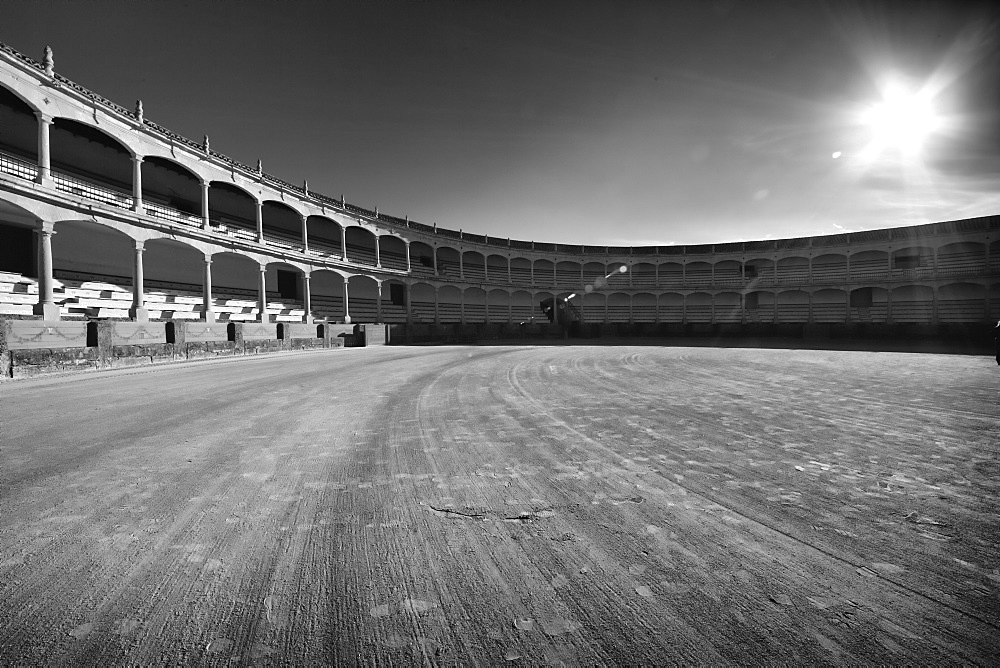 Black and White Image of a Bull Fighting Ring in Ronda, Spain