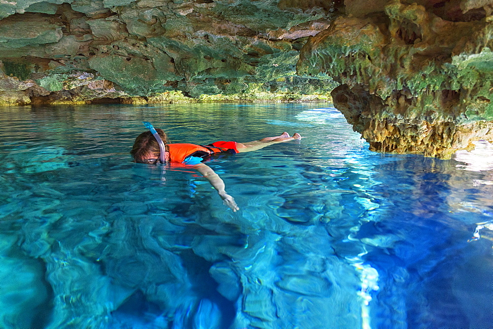 Photograph of man snorkeling in Cenote Chikin Ha, Playa del Carmen, Mayan Riviera, Yucatan Peninsula, Mexico