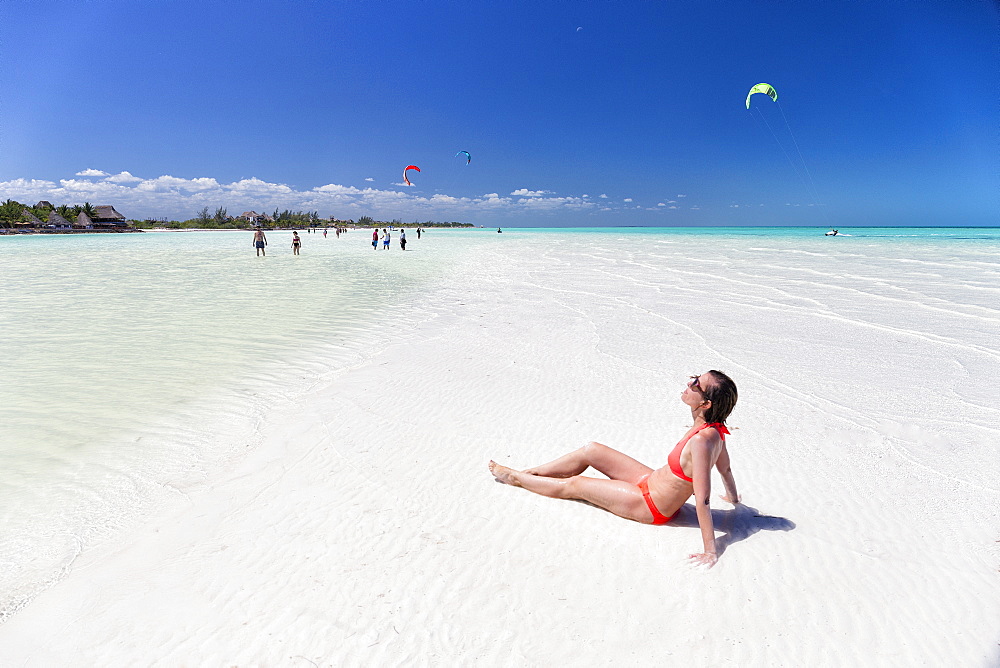 Tourists sunbathing on idyllic beach in Holbox, Holbox Island, Cancun, Yucatan, Mexico