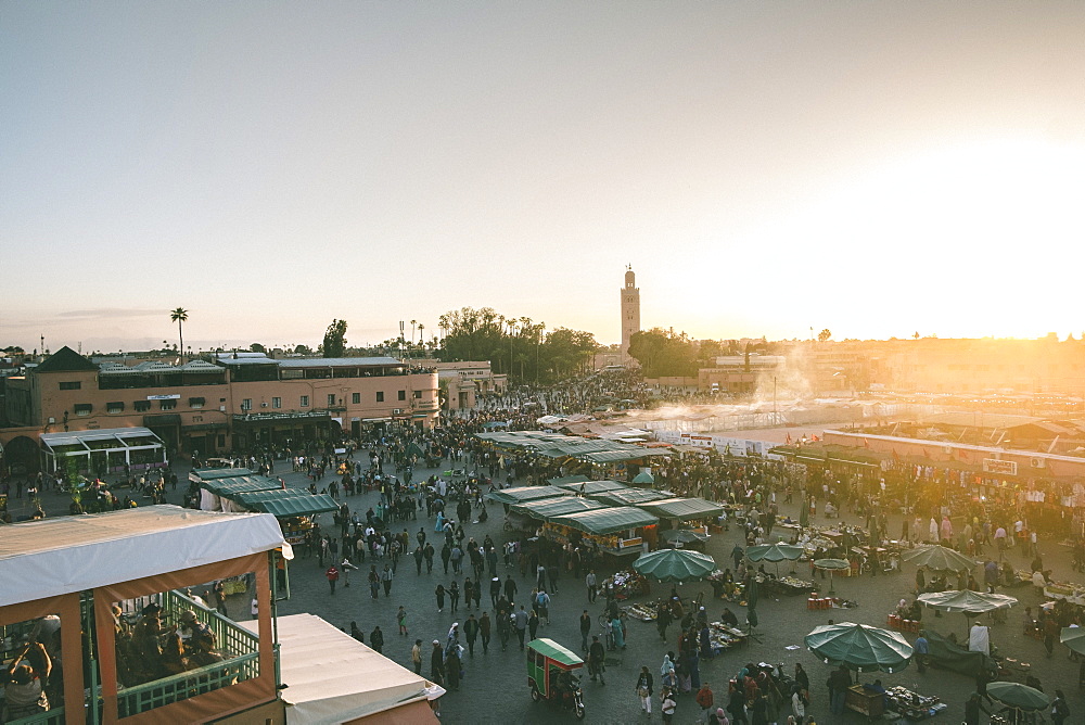 Jemaa el-Fnaa street market at sunset, Marrakesh, Morocco