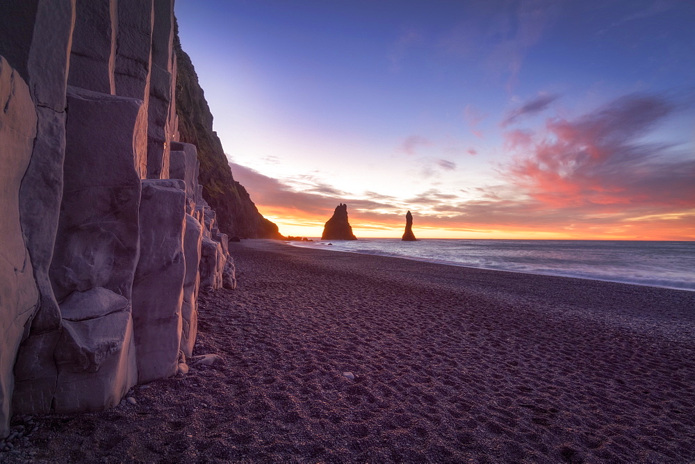 Scenic view of Reynisfjara beach at sunrise, Iceland