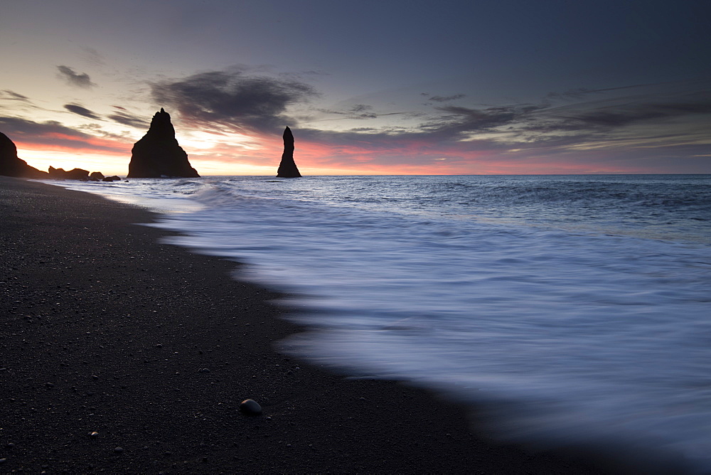 Long exposure shot of Reynisfjara beach at sunrise, Iceland