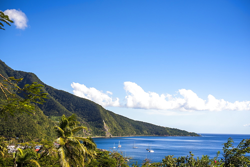 Scenic view of coastline with sailboats in sea, Basse Terre, Guadeloupe