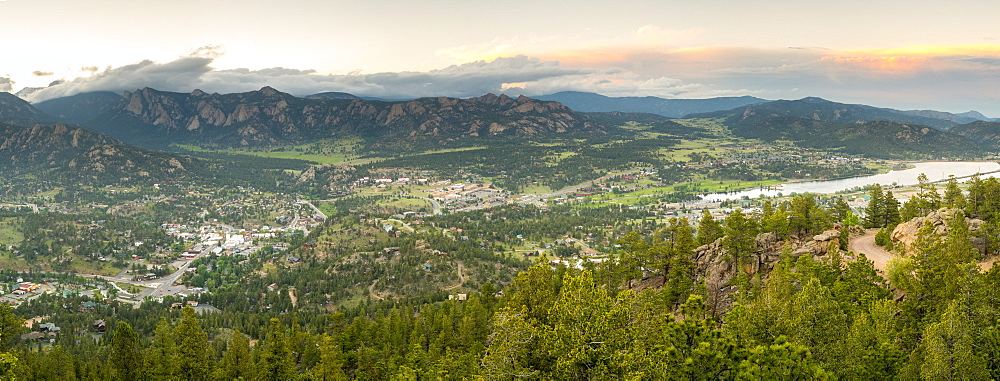 Panorama of downtown Estes Park with Lumpy Ridge in the background, Estes Park, Colorado, USA