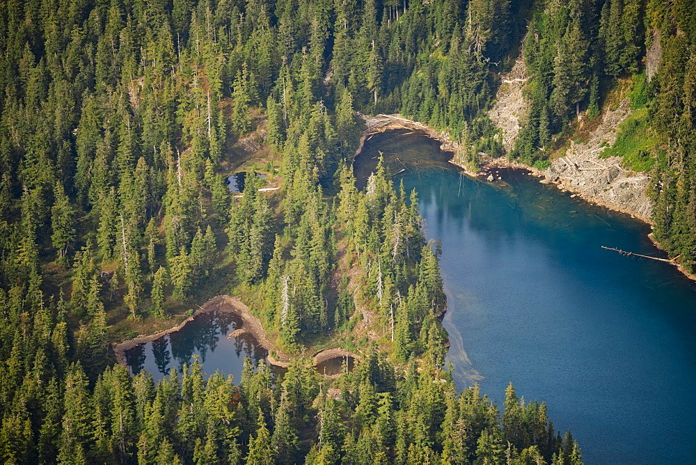 Beautiful natural scenery of an alpine lake surrounded by forest, Coast Mountains, Vancouver, British Columbia, Canada