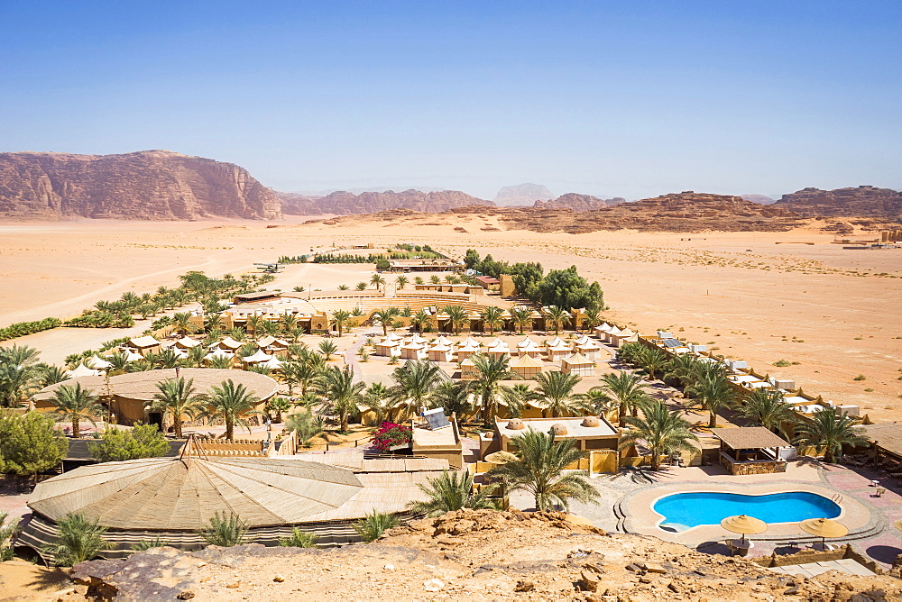 Aerial view of Bait Ali Camp, a traditional Bedouin Arabic camp in Wadi Rum Village, Aqaba Governorate, Jordan