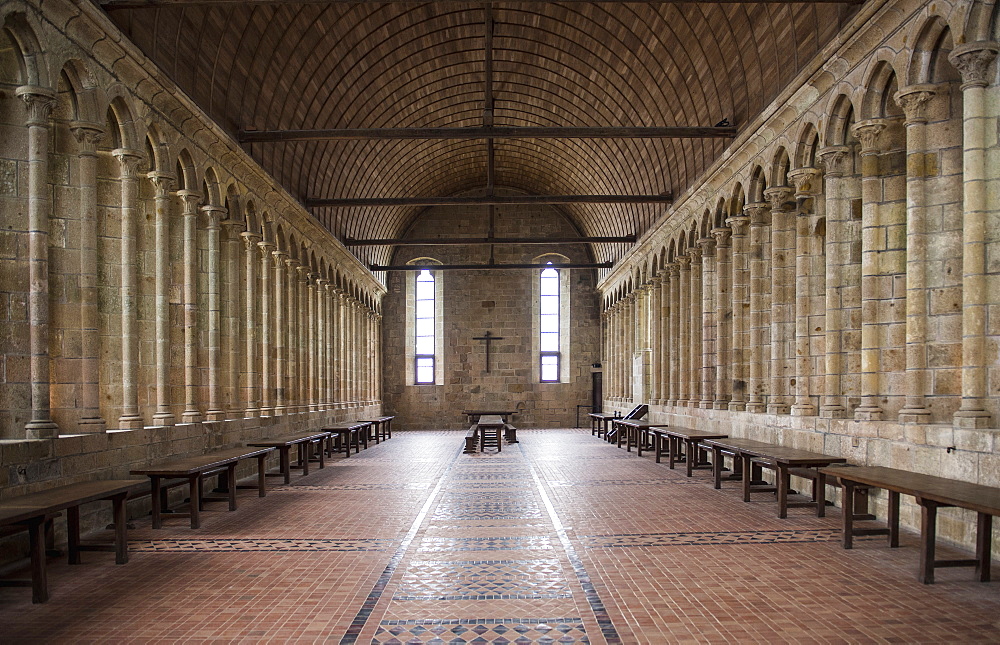 Photograph of interior of dining hall in monastery of Mont Saint-Michel, Normandy, France