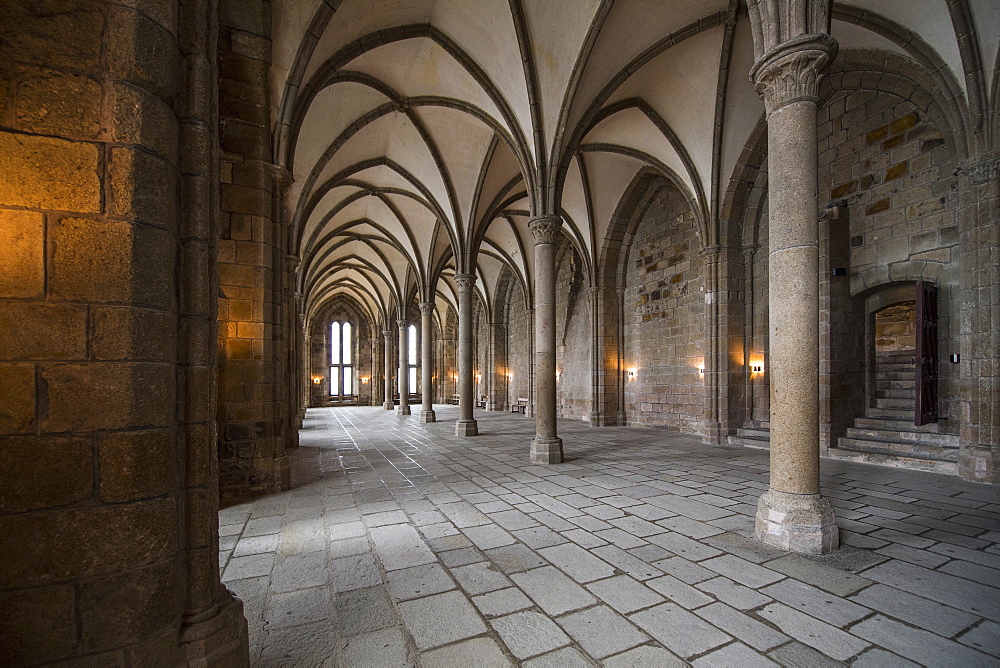 Interior of hallway with ribbed vaulting in monastery of Mont Saint-Michel, Normandy, France