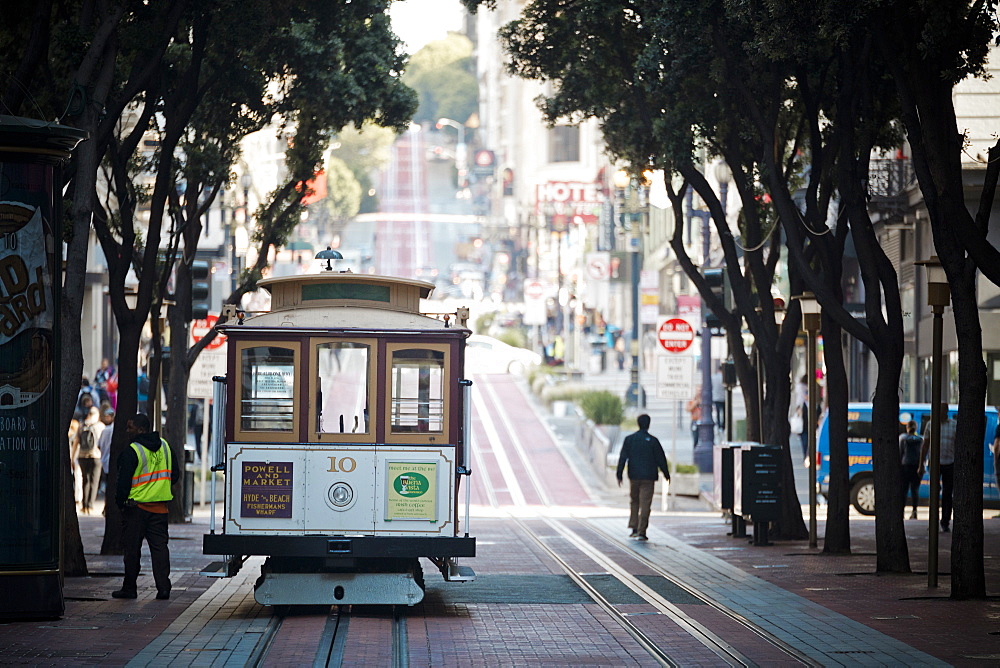 Street view with cable car, San Francisco, California, USA